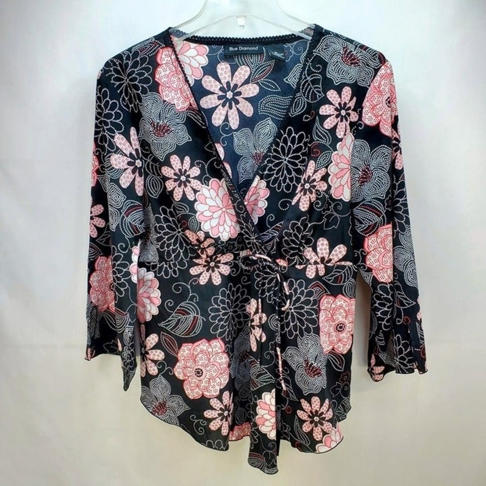 Blue Diamond Floral Faux Wrap Blouse XL